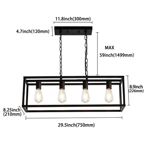 Modern Rectangle Black 4 Light Pendant for Dining Room and Kitchen Island Lighting Fixture with Adjustable Height Chains, dimensions labeled.