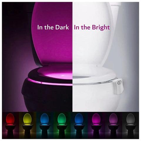 Two Pack Motion Activated LED Toilet Light With Eight Color Options showcasing glow in dark and bright settings.