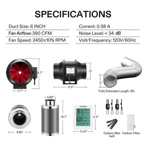 Product specifications for Six Inch Inline Fan Kit With Speed Controller And Carbon Filter For Grow Tent Ventilation, 390 CFM, 8 Ft Ducting