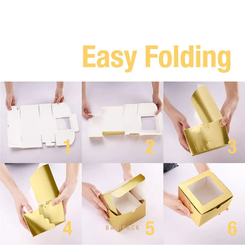 Step-by-step folding guide for Premium Gold Bakery Boxes With Clear Window, 25 Pack Of 5x5x3.5 Inch Cake Containers.
