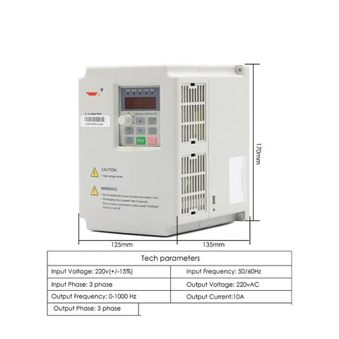 Heavy Hitter 2.2KW Water Cooled CNC Spindle Motor with beefy inverter driver displaying technical specifications on a control panel.