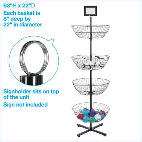 Heavy Duty Four Tier Wire Floor Spinner Rack With Drop Bin And Stocking Cart For Top Shelf Retail Shops Or No Fuss Home Organization In Sleek Black Finish with four 22-inch wire baskets.