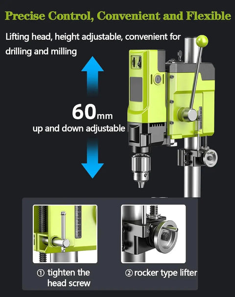 Piefeak 880W Bench Drill Press Machine With Vise Electric Pillar Drill Stand Adjustable Speed Control showing 60mm height adjustment features.