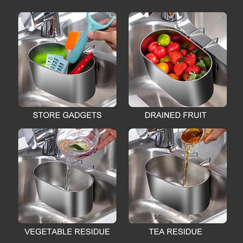 Super Solid Stainless Steel Hanging Sink Strainer Basket holding various items to catch food scraps in kitchen sink.