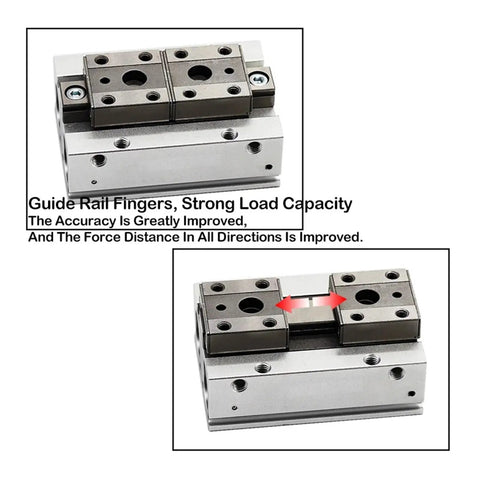 Heavy Duty Low Profile Air Cylinder And Parallel Gripper Compatible With Mhf Series Systems smooth rail slide action view with guide rail fingers.