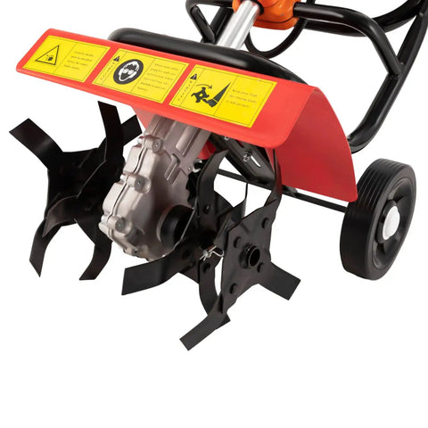 Close-up of rotary blades on 52CC Gas Powered Tiller Cultivator With 2 Stroke Engine, Hand Push Rotary Tiller for Garden and Farm