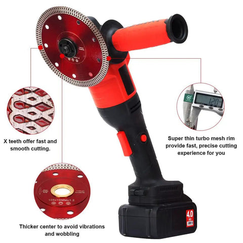 No Sweat 4 Inch Diamond Porcelain Saw Blade For Sliding Through Ceramic Tile Granite Quartz Precision Ground Edges For Smooth Fast Cuts With Minimal Kickback On Handheld Grinders Dry Wet Use mounted on a handheld grinder.