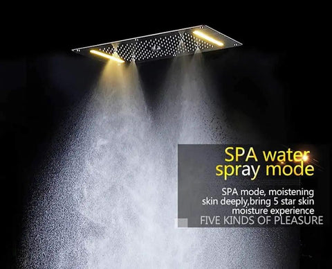 Heavy Duty 15 By 28 Inch Led Ceiling Rain Shower Head With Handheld Spray Antique Brass Finish close-up of SPA water spray mode.