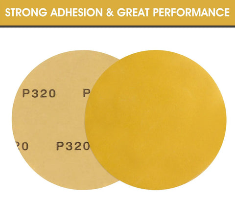 320 Grit 6 Inch PSA Self Adhesive Sanding Discs Aluminum Oxide Sandpaper 100 Pack Stickyback Discs front and back view
