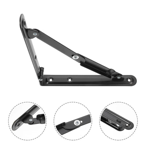 Heavy Duty Folding Wall Shelf Brackets Two Pack Black Iron Ultra Sturdy Support side view and details