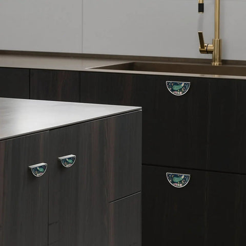 2 Pack Peacock Floral Art Cabinet Handles With Customizable Panels, 3 Inch Hole Center Semicircle Brushed Nickel Drawer Pulls in kitchen