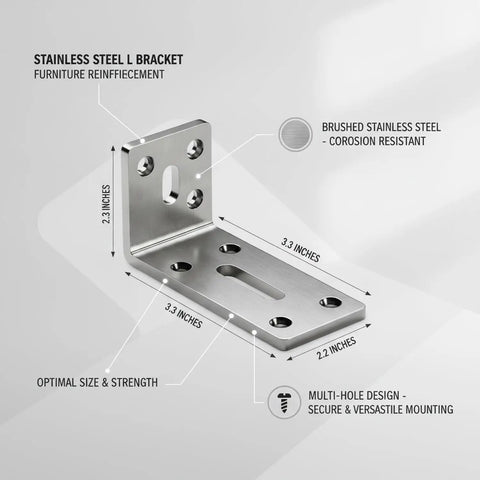 Image of Heavy-Duty Stainless Steel L Bracket for Cabinet and Shelf Repair, 3.3 x 2.2 Inch Angle Brace showing dimensions and features.