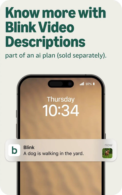 Smartphone screen showing Blink alert notification feature of a dog in the yard, part of an AI plan subscription.