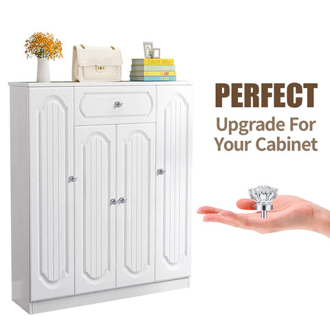 Top Shelf 8 Pack Vintage Crystal Cabinet Knobs With Sleek Chrome Bases Killer Retro Flower Drawer Pulls For Dresser Upgrade shown on a white cabinet with hand holding a knob.