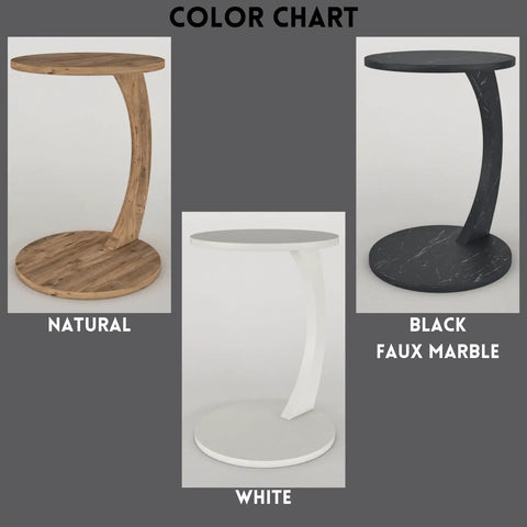 Color chart showing C Shaped End Table On Wheels For Small Spaces in natural, white, and black faux marble finishes.