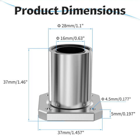 Square Flange Linear Ball Bearings LMK16UU, 16mm ID, visible dimensions, metal design, for 3D printers and CNC precision equipment