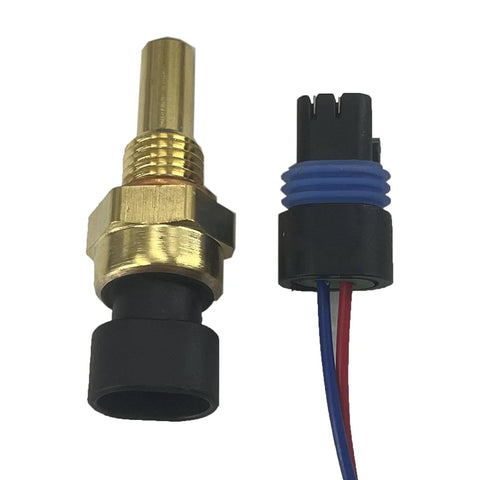 Engine coolant temperature sensor with pigtail connector; brass threaded body, blue seal, red and blue wires.
