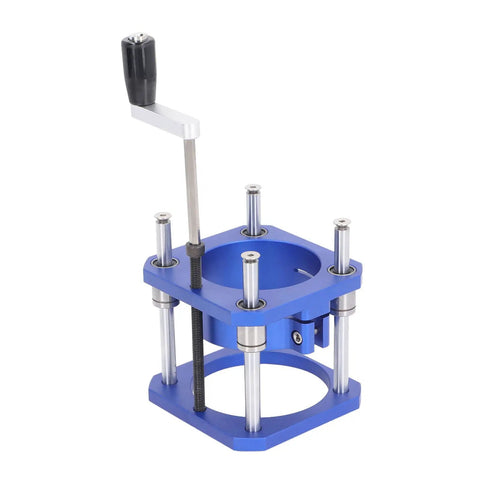 Rock Solid Router Lifting Base Kit With 0 To 54mm Micro Adjust and 64 To 65mm Outer Diameter, blue aluminum base for woodworking.