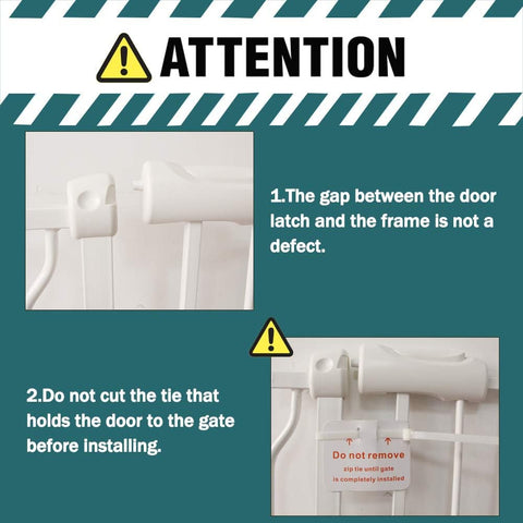 Extra Wide Walk Through Baby Gate Pressure Mounted With Extension safety instruction highlighting latch gap and tie importance