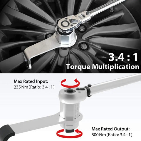 800 Nm Manual Torque Multiplier Tool With 3.4 To 1 Ratio used on car wheel, highlighting torque inputs and outputs for tire change pro.