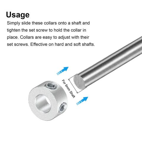 Built To Last 6mm Shaft Collar Clamp On Set shown with 6mm shaft, 12mm outer diameter, aluminum, secured by M4 set screws.