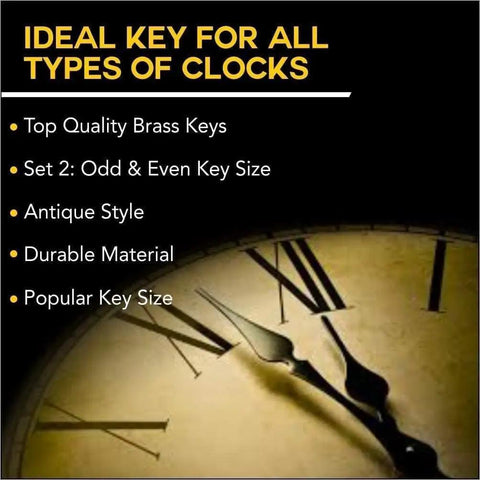 Image showing benefits of 2 Pack 4-In-1 Brass Clock Winding Keys for odd and even numbers, ideal for antique and modern timepieces.
