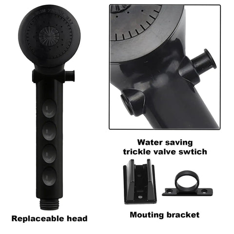Badass Non Metallic Rv Shower Head And Hose Kit Featuring Zero Hassle Setup For Standard Two Hole Four Inch Valves Sleek Black Design, close-up of handheld nozzle with replaceable head.