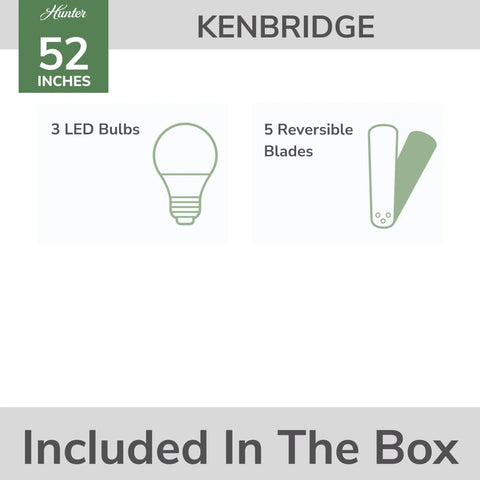 Package contents for 52 Inch Indoor Ceiling Fan With LED Light White Flush Mount Hugger Design including 3 LED bulbs and 5 blades.