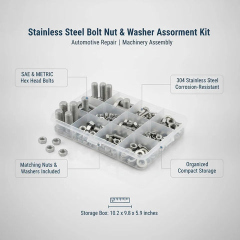 Shop Ready 304 Stainless Steel Hex Bolt Nut Washer Kit With SAE And Metric Fasteners for Auto Repair and Machinery