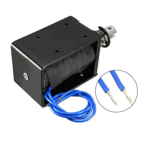 DC 24V 8Kg Pull Type Open Frame Solenoid Electromagnet With 20mm Stroke For Smooth Linear Motion Spring Return Low Power Consumption And Compact Design, black metal housing with blue wires
