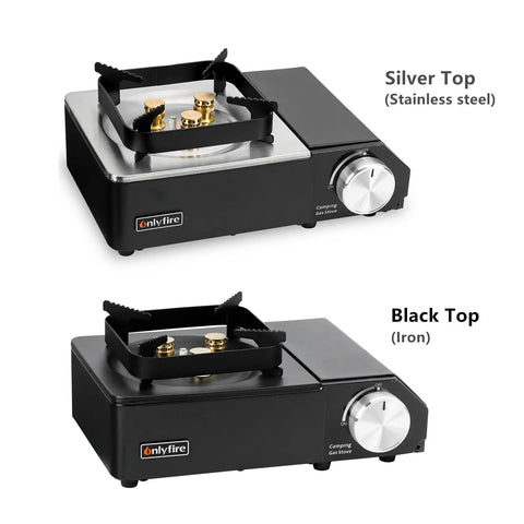 Portable Butane Gas Stove With Carrying Case For Outdoor Cooking Electric Ignition Precise Heat Control Great For Camping Hiking RV Trips Tailgating Patio Grilling And Emergency Use, silver and black top versions displayed.