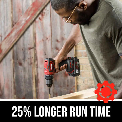 Man using Power Core 20V Brushless Drill Driver With One Half Inch Chuck, Includes 2.0Ah Lithium Battery And Standard Charger