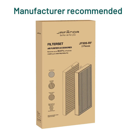 Packaging for Air Purifier Replacement Filter 2 Pack For JF999 3 In 1 True HEPA 13 With Activated Carbon Easy Install.