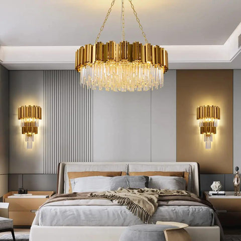 Bedroom with Mid Century Modern Crystal Wall Sconce 3 Light Antique Gold Finish for Living Room and Hallway, glam up with sparkle