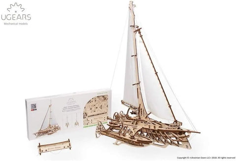 Hands On Trimaran Merihobus Wooden Sailboat Model Kit For Grown Ups 3D Puzzle With Self Assembly No Glue Mechanical Catamaran With Winches Rigging Hulls And Realistic Details, wooden trimaran kit with box