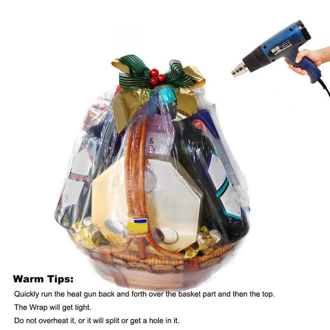 Legit Crisp Shrink Wrap Bags For Gift Baskets 40X47 Inch Xxlarge 5 Pack Real Clear Cello Pvc Poly Wraps on a decorated basket.