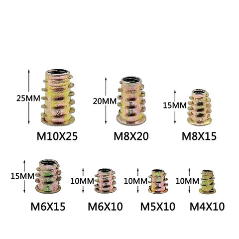 Pro Grade Zinc Alloy Screw In Insert Nuts Assortment M4 M6 M8 M10 Flanged Hex Drive in various sizes on display.