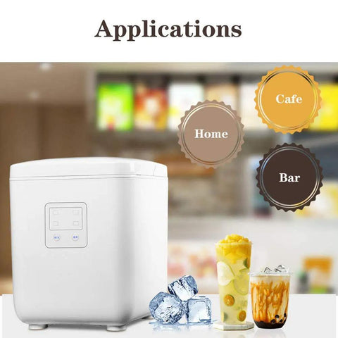 Super Compact Countertop Ice Maker Machine For Home And Bars yields fresh cubes next to drinks in home, bar, and cafe settings.