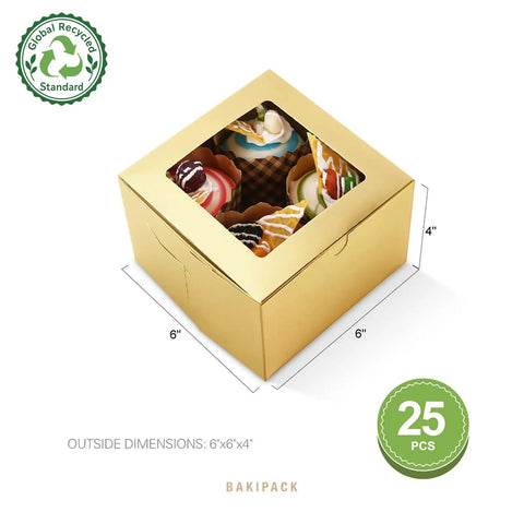 Next Level Gold Bakery Boxes With Crisp Clear Window 25 Pack 6X6X4 Inches Cake Containers for showcasing cupcakes and desserts.