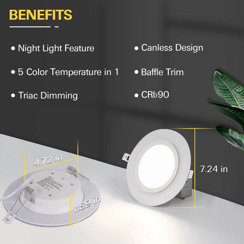 Benefits of 12 Pack 6 Inch New Construction Integrated LED Recessed Night Light Module Kit With 5CCT Selectable Color Temp, CRI90, 1400lm