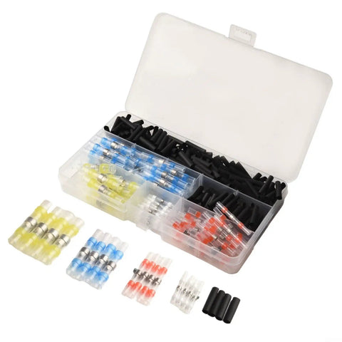 Top Notch Heat Shrink Solder Wire Connectors Kit With 300 Waterproof Butt Terminals And Seal Sleeves For Marine Auto Electrical Cable Splice In Vibrant Red Blue White Yellow Black Assorted Sizes To Fix Any Messy Wiring Job. open case with assorted connectors