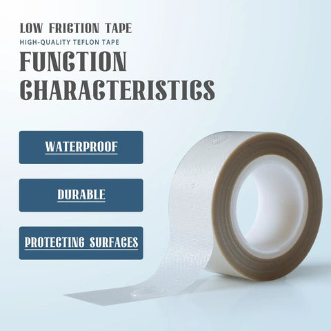 White Low Friction Drawer Slide Tape Duo Roll Squeak Free Glide Strips, showing waterproof durable teflon tape roll for surface protection.