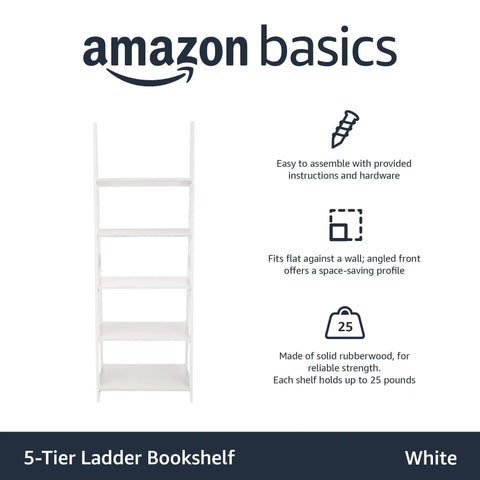 Five Tier Ladder Bookshelf With Solid Rubberwood Frame And Clean White Finish No Hassle Assembly Compact Storage Organizer For Small Space Built Tough Display Rack For Books Plants And Home Stuff Smooth Vibes, white bookshelf.