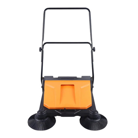 Heavy Duty 26 Inch Walk Behind Floor Sweeper With Foldable Handle And Sturdy Nylon Brushes For Durable Home Garage Cleaning Use No Electricity Needed Easy Maneuver Sweep, front view showing sturdy design.