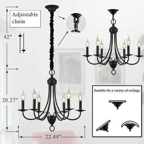 Six Light Black Farmhouse Chandelier With Industrial Modern Vibe Candle Style Hanging Light Fixture dimensions and design details