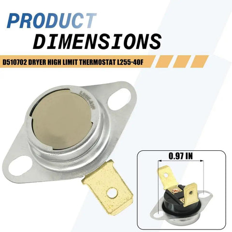 2 Pack Dryer High Limit Thermostat L255-40F For 510702 Replacement Replaces 61886 AP6285127 with dimensions