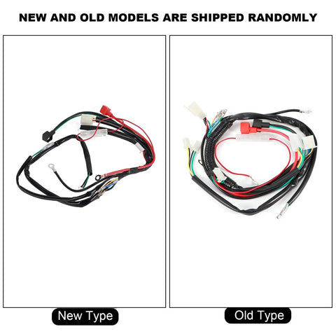 Electric Start Harness Kit With Secure Universal Fit Durable PVC Wiring Loom shown in new and old model variations for motorcycles