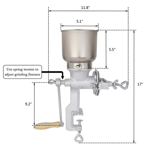 No Sweat Heavy Duty Cast Iron Grain Mill Featuring Wooden Hand Crank And Secure Table Clamp For Grinding Corn Wheat Oats Into Home Pantry Fresh Flour dimensions and manual adjustment details.