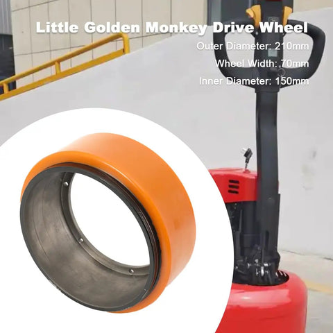 Premium Drive Wheel For MT15 And PU Replacement Fits Electric pallet Jack Trucks, 210mm outer diameter, orange polyurethane.
