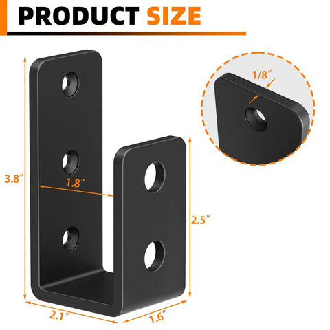 4 Pack Premium Extra Thick Beefy Door Barricade Brackets Black dimensions 3.8x2.5x1.6 inches with pre-drilled holes for easy installation.